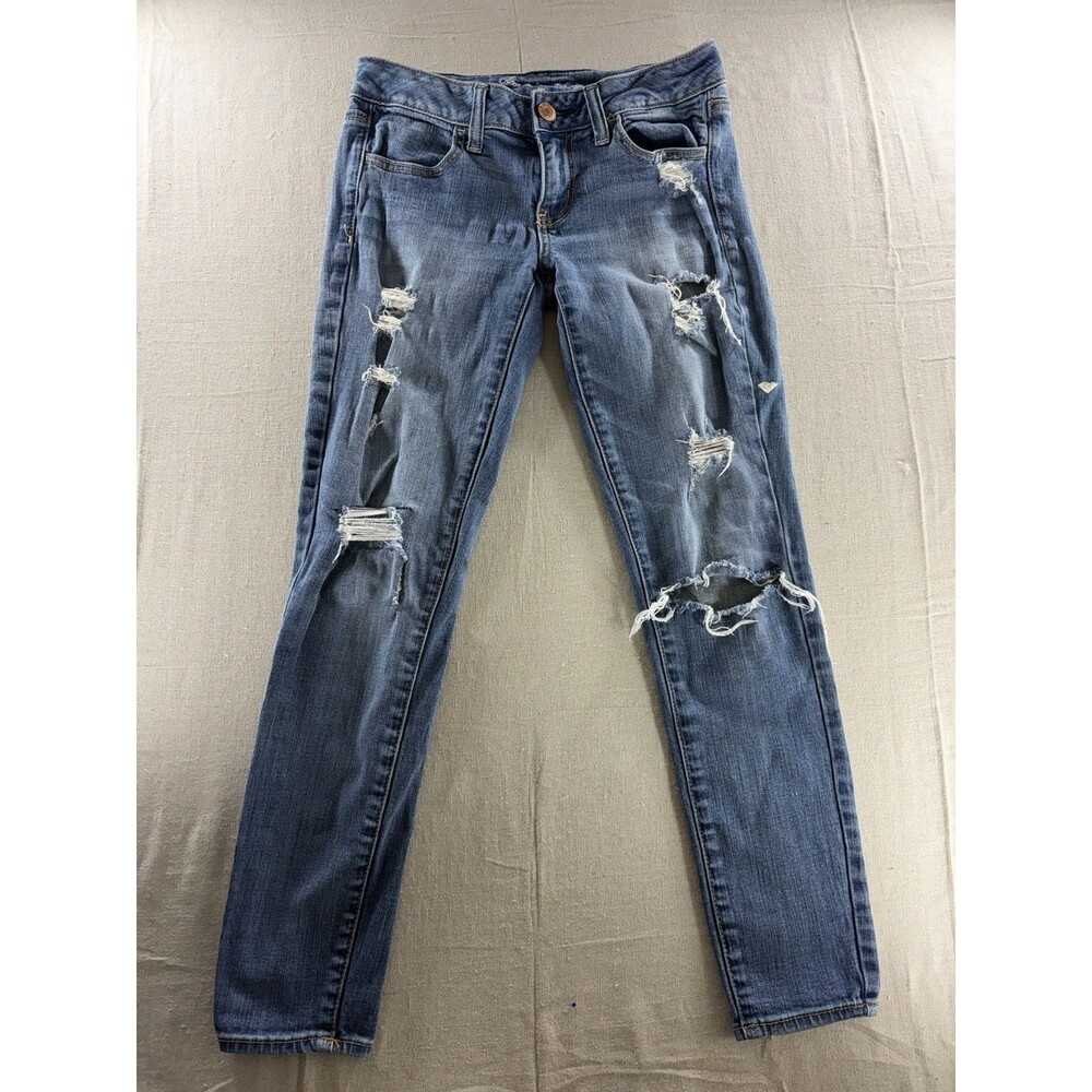 American Eagle Jegging Size 4 Ripped Distressed Medium Wash Denim Skinny Jeans W